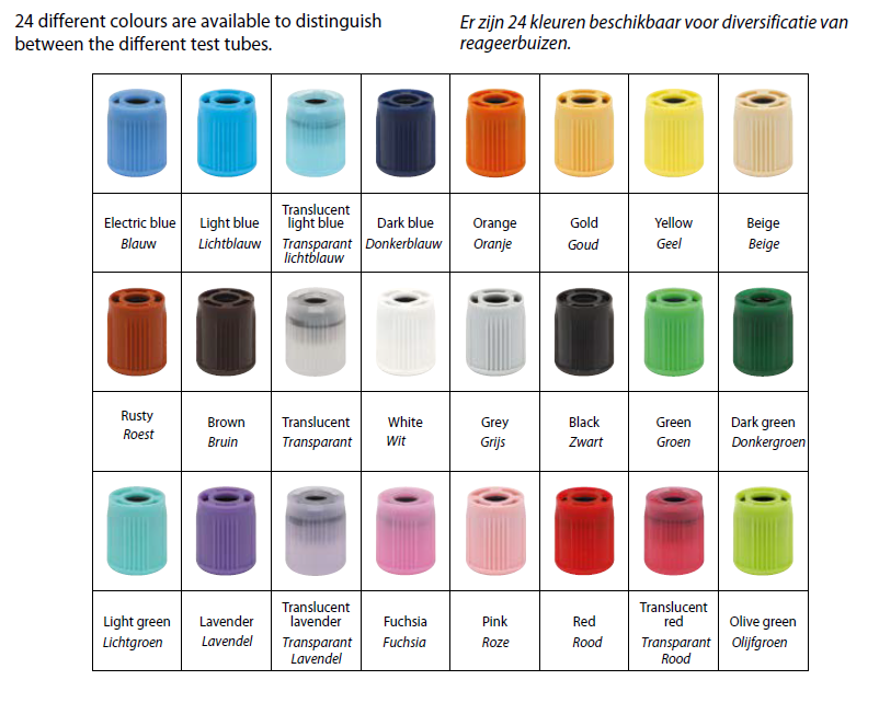 Er zijn 24 kleuren beschikbaar voor diversificatie van bloedcollectie-buizen.